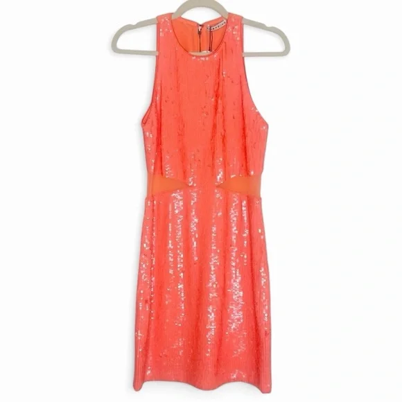 Alice + Olivia Cara Orange Sequined Mesh Sleeveless Mini Dress Size 2 - Picture 9 of 16